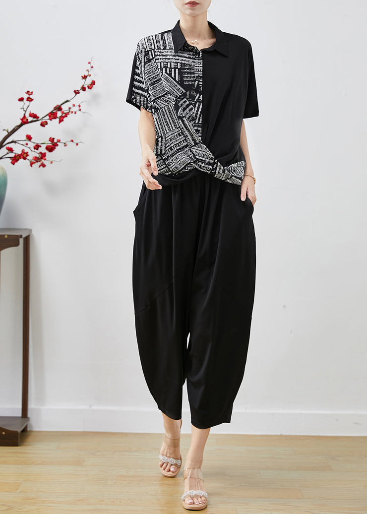 French Black Asymmetrical Patchwork Print Chiffon Two Pieces Set Summer