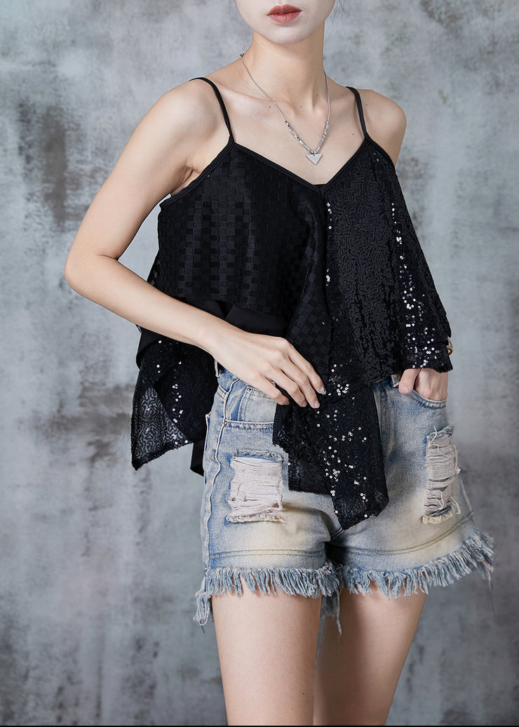 French Black Asymmetrical Patchwork Sequins Beach Vest Summer