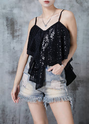 French Black Asymmetrical Patchwork Sequins Beach Vest Summer