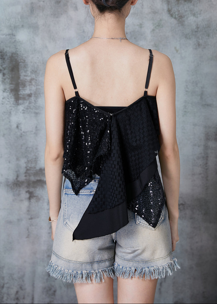 French Black Asymmetrical Patchwork Sequins Beach Vest Summer