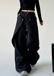 French Black Asymmetrical Pockets Draping Straight Pants Spring