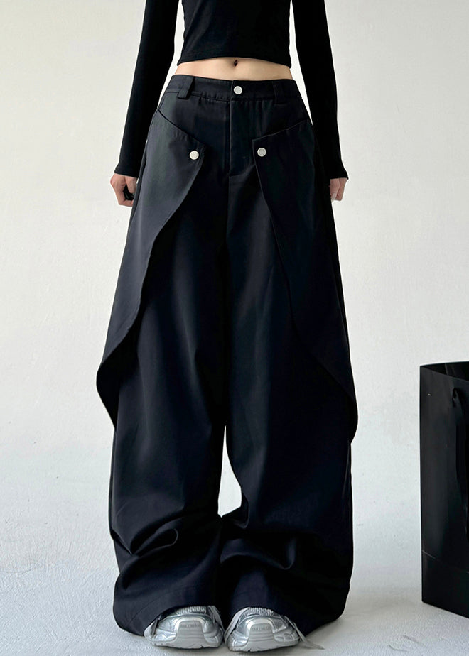 French Black Asymmetrical Pockets Draping Straight Pants Spring