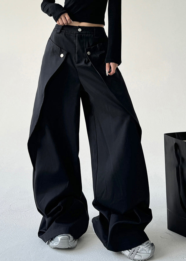 French Black Asymmetrical Pockets Draping Straight Pants Spring