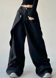 French Black Asymmetrical Pockets Draping Straight Pants Spring