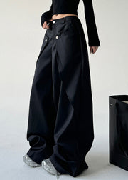 French Black Asymmetrical Pockets Draping Straight Pants Spring