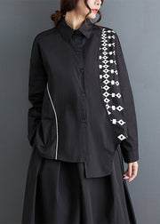 French Black Asymmetrical Print Patchwork Cotton Shirts Fall