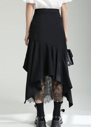 French Black Asymmetrical Ruffled Lace Patchwork Cotton Skirt Fall