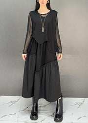 French Black Asymmetrical Ruffled Waistcoat And Skirts Two-Piece Set Sleeveless