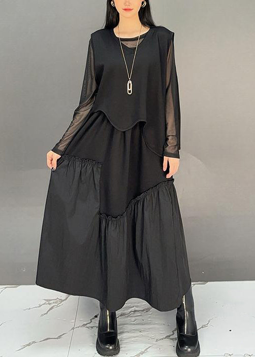 French Black Asymmetrical Ruffled Waistcoat And Skirts Two-Piece Set Sleeveless