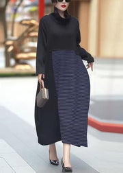 French Black Asymmetrical Striped Knit Patchwork Long Dress Winter