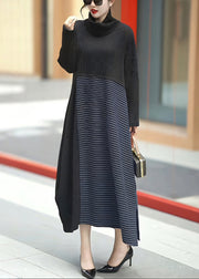 French Black Asymmetrical Striped Knit Patchwork Long Dress Winter