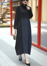 French Black Asymmetrical Striped Knit Patchwork Long Dress Winter