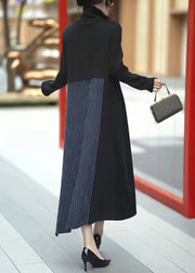 French Black Asymmetrical Striped Knit Patchwork Long Dress Winter