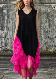 French Black Asymmetrical Tulle Patchwork Cotton Maxi Dresses Summer