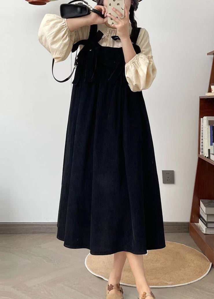 French Black Bow Corduroy Shoulder Strap Dresses Summer