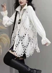 French Black Button Hollow Out Cotton Shirt Long Sleeve