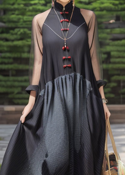 French Black Button Patchwork Silk Maxi Dresses Fall