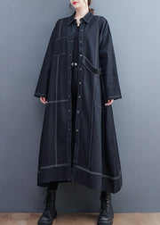 French Black Button Pockets Denim Long Trench Coat Fall