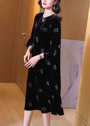 French Black Button Print Silk Velour Long Dresses Spring