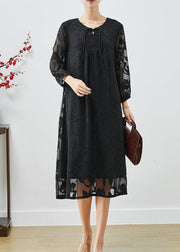 French Black Chinese Button Hollow Out Silk Dresses Fall