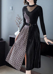 French Black Cinched Patchwork Side Open Silk Velour Maxi Dress Spring