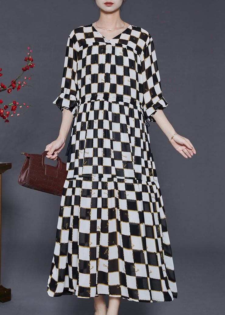 French Black Cinched Plaid Chiffon Long Dress Summer