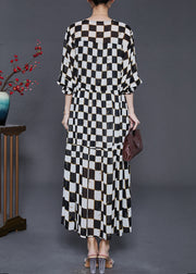 French Black Cinched Plaid Chiffon Long Dress Summer