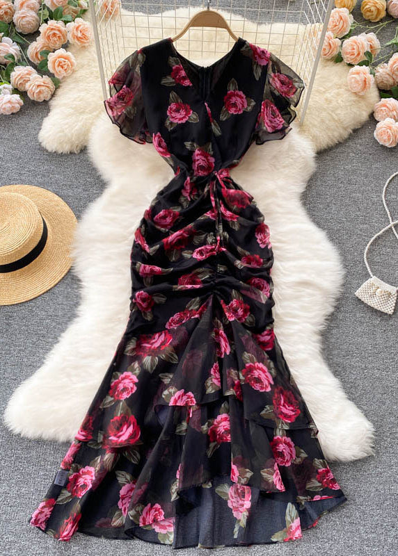 French Black Cinched Print Chiffon Long Dresses Summer