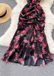 French Black Cinched Print Chiffon Long Dresses Summer