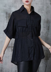 French Black Cinched Silk Shirt Tops Summer