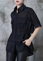 French Black Cinched Silk Shirt Tops Summer