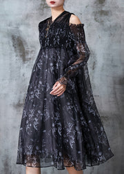 French Black Cold Shoulder Print Silk Dresses Summer