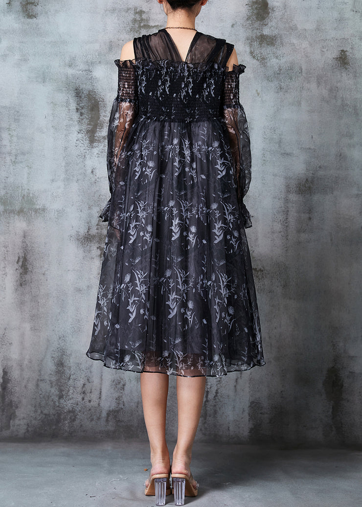 French Black Cold Shoulder Print Silk Dresses Summer