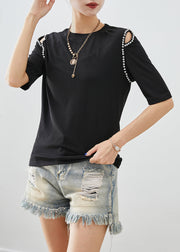 French Black Cold Shoulder Zircon Cotton Blouse Tops Half Sleeve