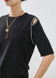 French Black Cold Shoulder Zircon Cotton Blouse Tops Half Sleeve