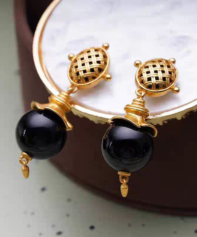 French Black Copper Alloy Gem Stone Enamel Drop Earrings