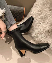 French Black Cowhide Leather Splicing Chunky Heels Boots