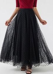 French Black Dot Elastic Waist Tulle Maxi Skirts Spring