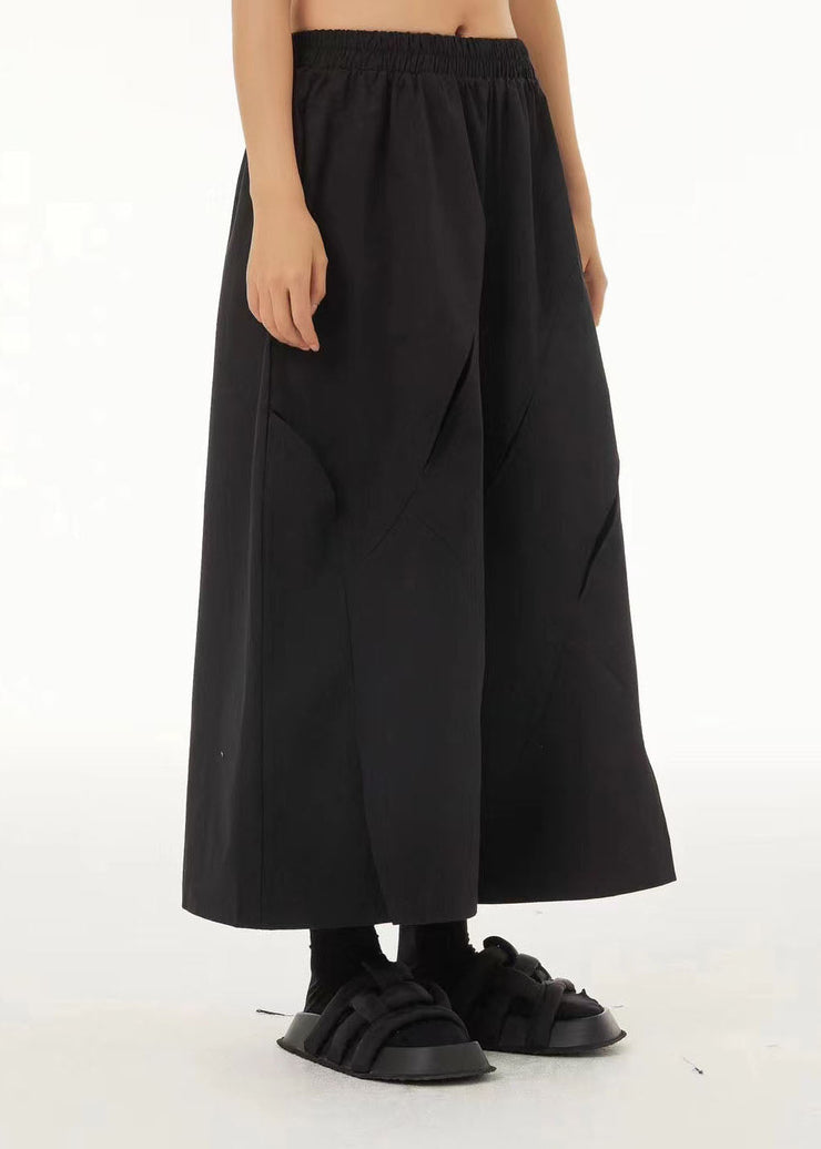 French Black Elastic Waist Ripped Cotton Wide Leg Crop Pants Summer