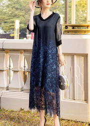 French Black Embroidered Hollow Out Silk Long Dress Summer