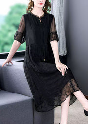 French Black Embroidered Lace Up Silk Cotton Long Dresses Summer