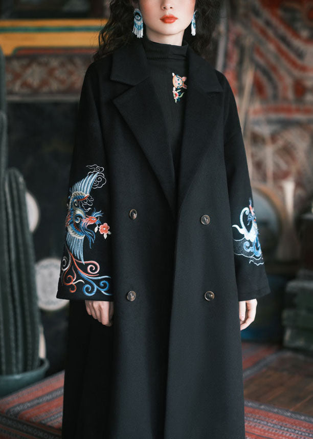 French Black Embroideried Pockets Woolen Trench Winter