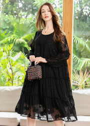 French Black Embroideried Ruffled Hollow Out Chiffon Dresses Spring