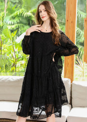 French Black Embroideried Ruffled Hollow Out Chiffon Dresses Spring