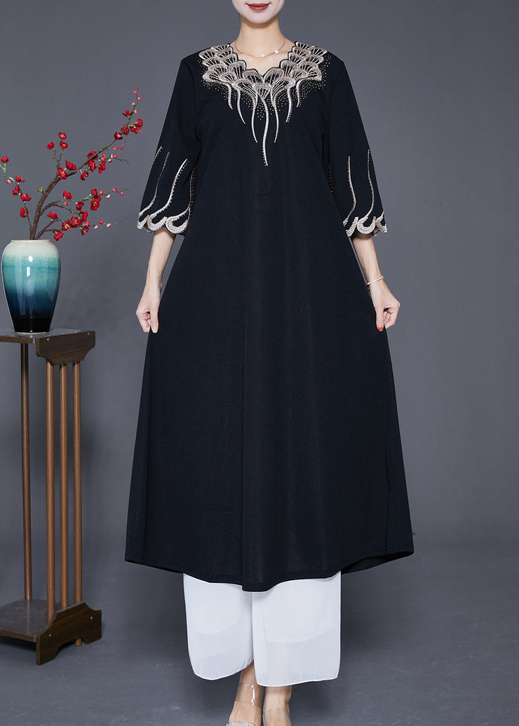 French Black Embroidered Zircon Exra Large Hem Long Dresses Summer