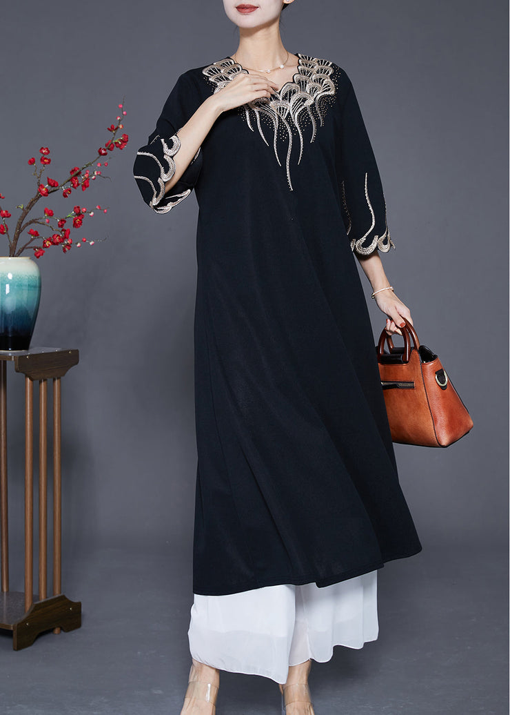 French Black Embroideried Zircon Exra Large Hem Long Dresses Summer