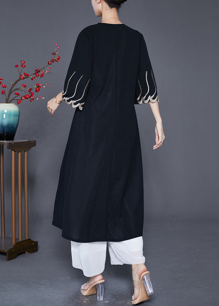 French Black Embroidered Zircon Exra Large Hem Long Dresses Summer