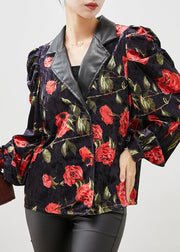 French Black Floral Double Breast Velour Coats Puff Sleeve