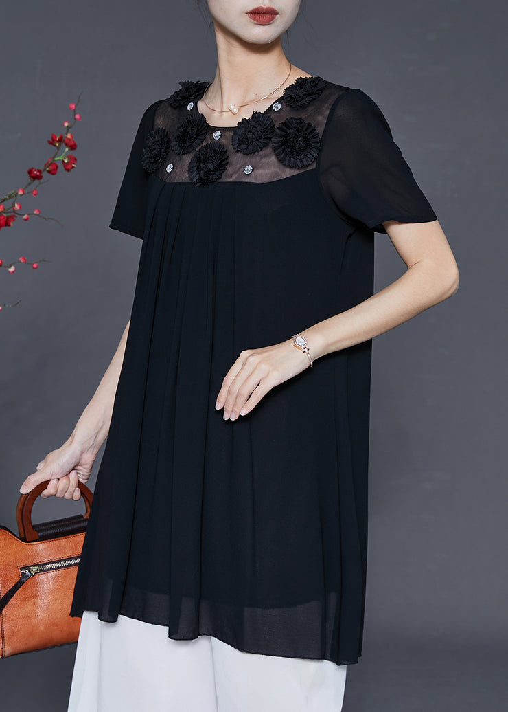 French Black Floral Patchwork Chiffon Mini Dress Summer