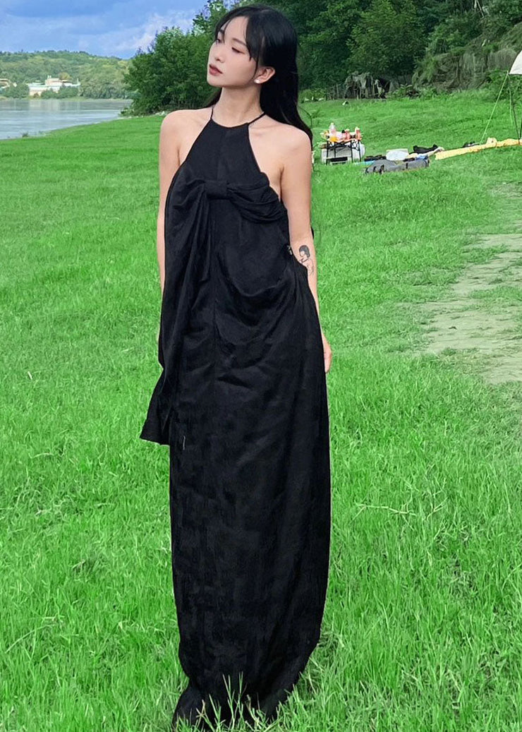 French Black Halter Bow Wrinkled Maxi Dress Summer